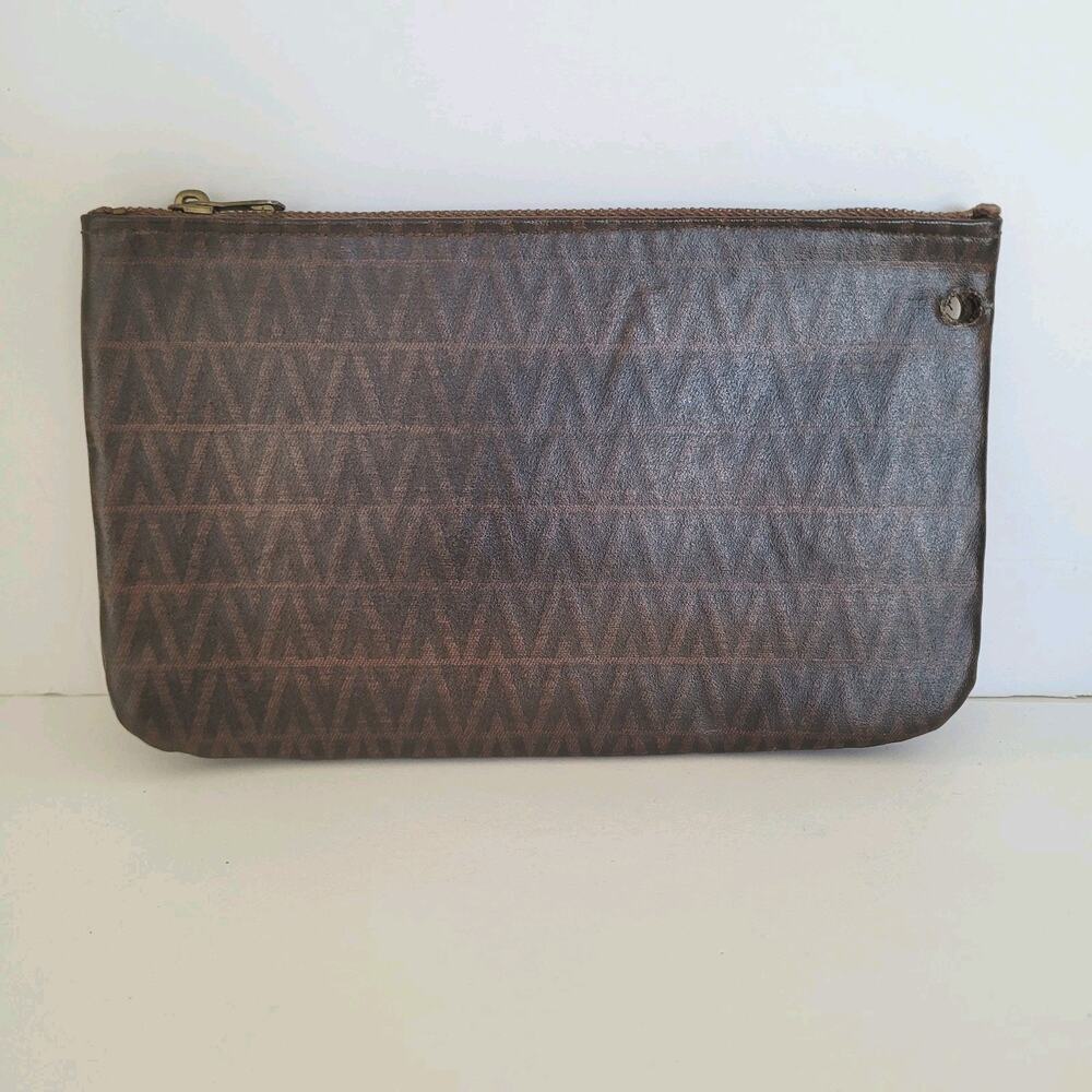 Valentino‎ Vintage Pouch Wallet Zip Clutch Designer 7x4 Designer Brown Logo